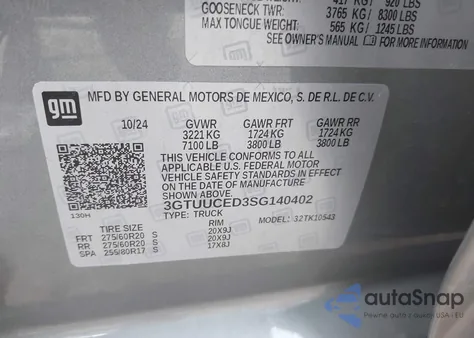 2025 GMC Sierra 1500 4Wd Short Box Elevation With 3Sb from USA, damaged, VIN 3GTUUCED3SG140402